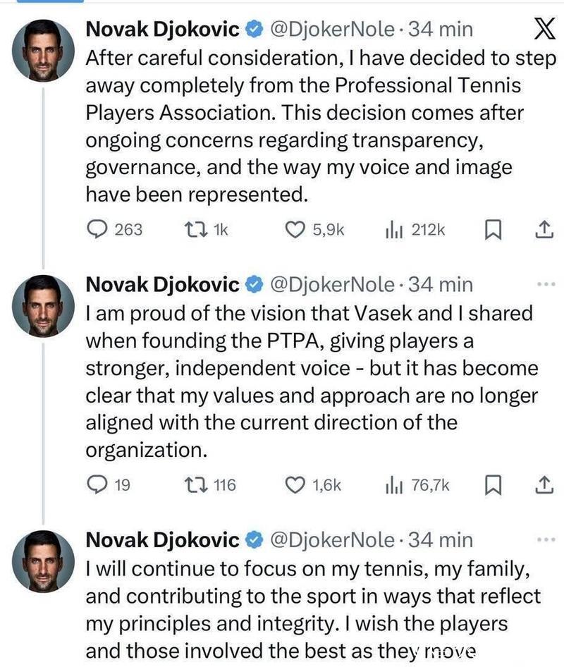 德约科维奇宣布离开职业网球运动员协会